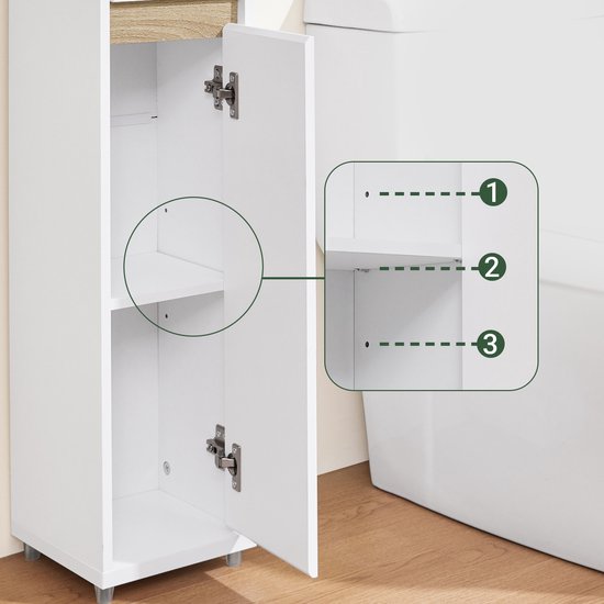 SoBuy BZR151-W Badezimmerschrank für schmale Räume, kompakter Aufbewahrungsschrank mit verstellbarem Einlegeboden und Schublade, für Badezimmer, Toilettenschrank aus Holz, weiß, 20 x 20 x 96 cm