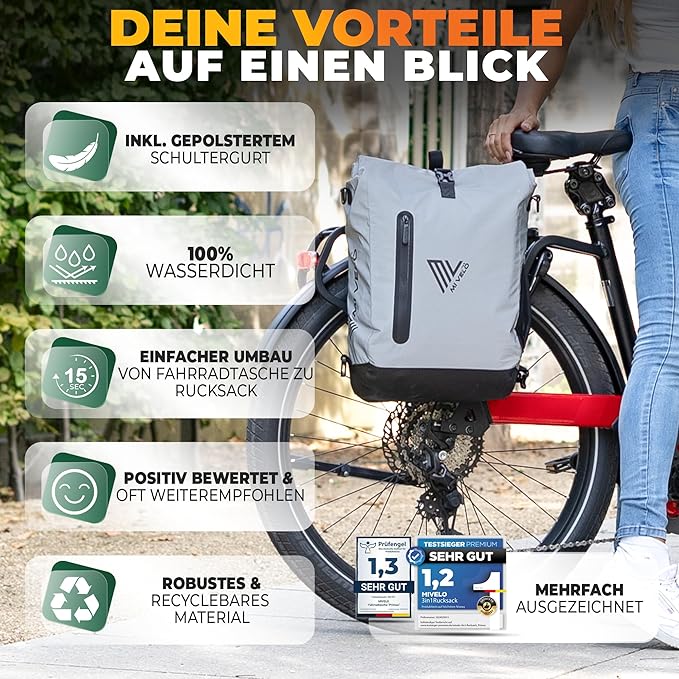 MIVELO 3-in-1-Fahrradtasche - Wasserdichtes TPU - 20L - Reflektierend - Grau & Schwarz