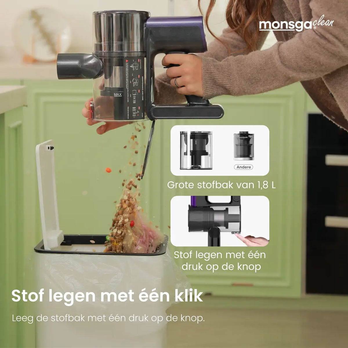 Monsga M100 Akku-Stabstaubsauger 55.000 Pa – 45 Min. Betriebsdauer – 1,8 l Staubbehälter – LED-Touchdisplay – Anti-Verfilzungsbürste – Grünes LED-Licht