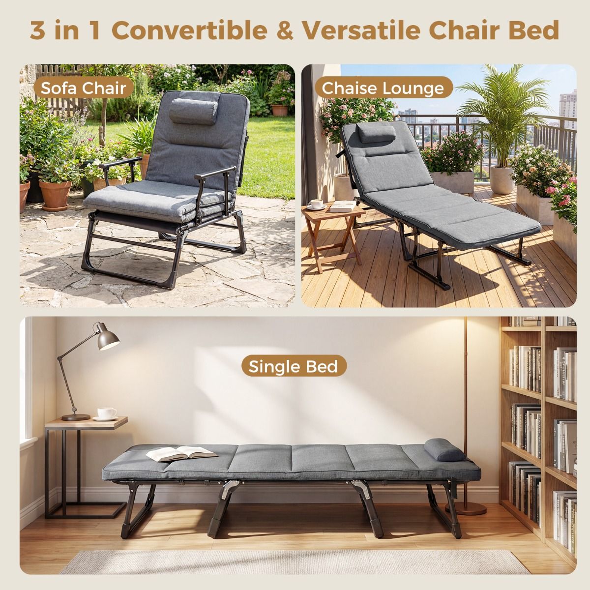 Coast Campingbett 3-in-1 – zusammenklappbares Feldbett und Liegestuhl – 6 Positionen – Grau und Schwarz