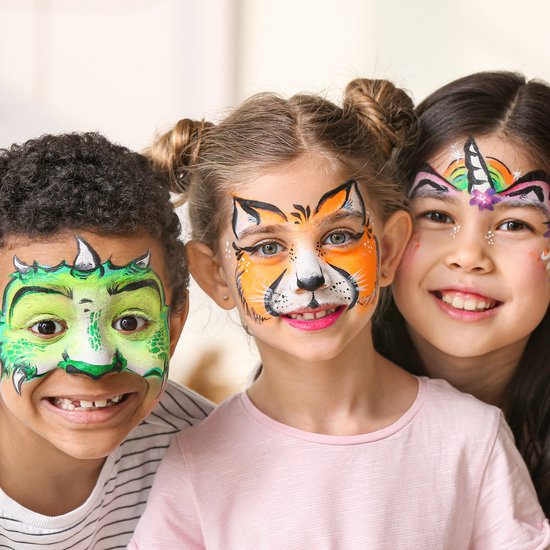 Partizzle Face Paint Set auf Wasserbasis - Gesichtsmalbuch und Schablonenset - Pinsel, Schwämme, Haarkreide, Bio-Glitter - Weihnachten Kinder - 20 Farben
