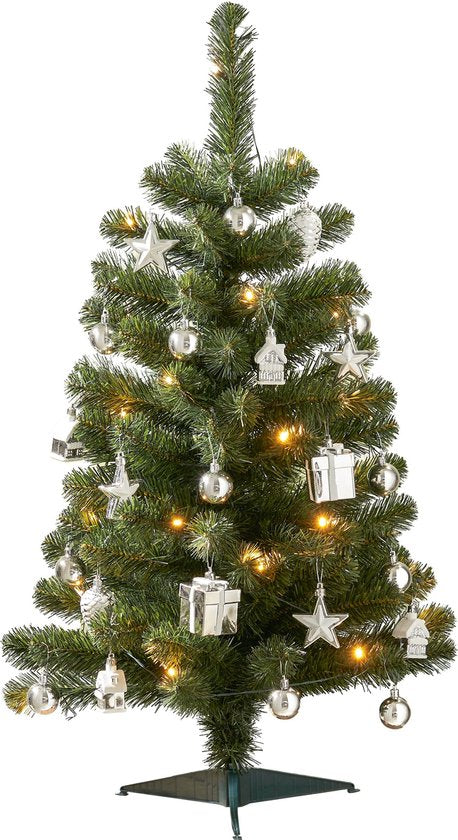 Black Box Trees Joy Kunstweihnachtsbaum – Mit 26 Christbaumkugeln und LED-Beleuchtung – H 90 x Ø 50 cm – Grün und Silber
