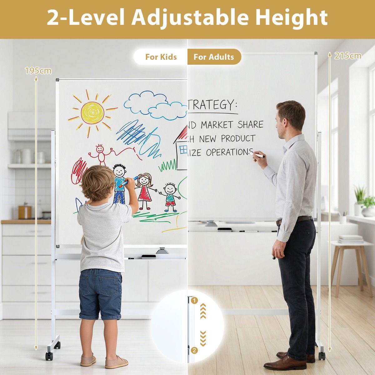 Coast Mobiles Whiteboard – Doppelseitige Magnettafel – Höhenverstellbar – Mit Rollen – Weiß 150 x 120 cm