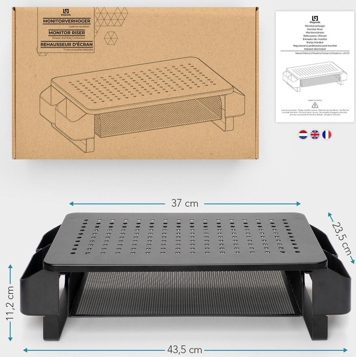 LifeGoods Monitorständer - Verstellbar - 37 x 23,5 x 10 cm - Metall - Schwarz