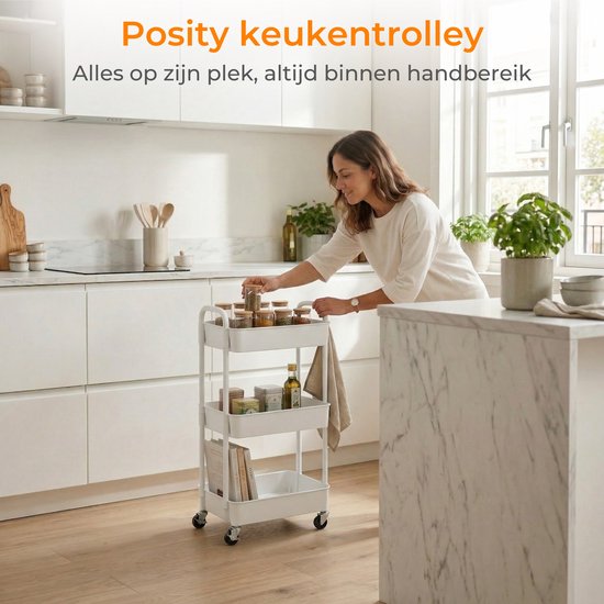 Posity Küchenwagen auf Rädern - Servierwagen / Aufbewahrungswagen / Küchenregal / Wagen Küche - Mobil und feststehend - 3 Lagen - Kunststoff - Weiß