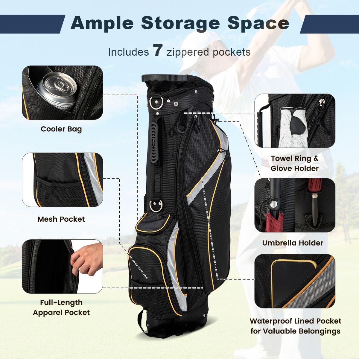 Coast Golftasche – Organizer mit 8 Fächern – System mit zwei Trageriemen – schwarz