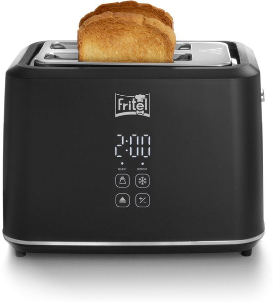 FRITEL Toaster TO 2995 – Stilvoller Toaster – 2 Schlitze – 7 Bräunungsstufen – 850 W – Touch-Display – Mattschwarz – Herausnehmbare Krümelfangschale + Brötchenaufsatz