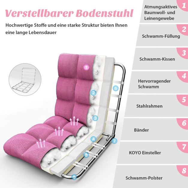Coast Verstellbarer Bodensessel – 14 Rückenlehnenpositionen – 106,5 x 55,5 x 10 cm – Dunkelrosa