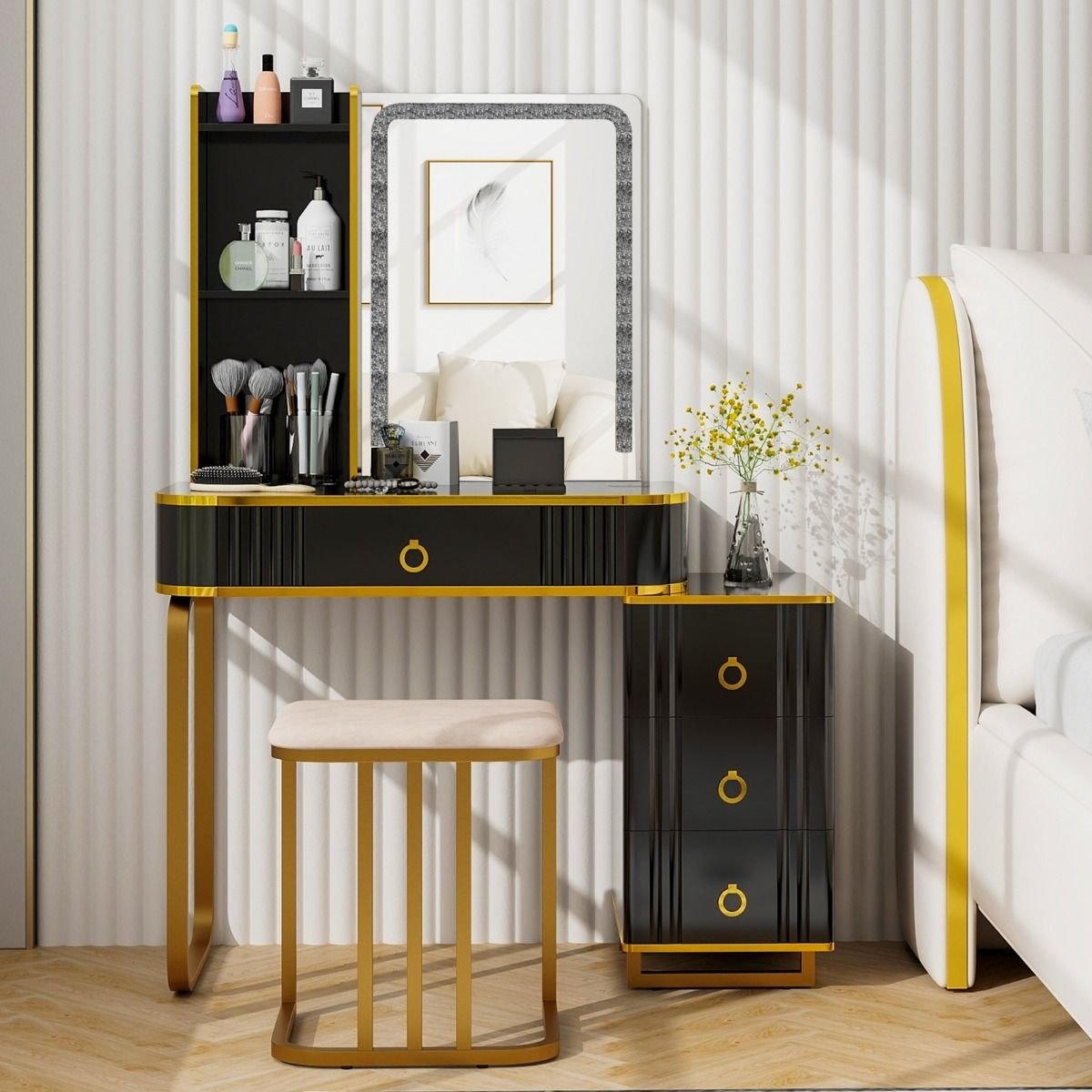 Coast - Schminktisch mit Spiegel und Ladestation - Inklusive Hocker- 80 x 40 x 137 cm - Schwarz