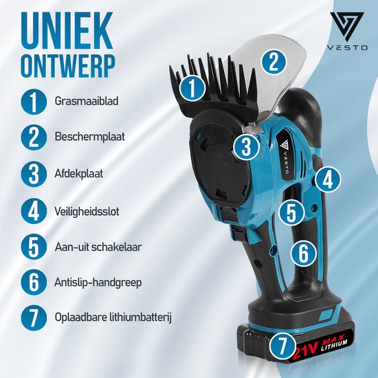 Vesto® Accu Heckenschere - Inkl. Buchsbaum- und Grasschneideblatt - Elektrische Grasschere - Akku-Schere - Heckenschere