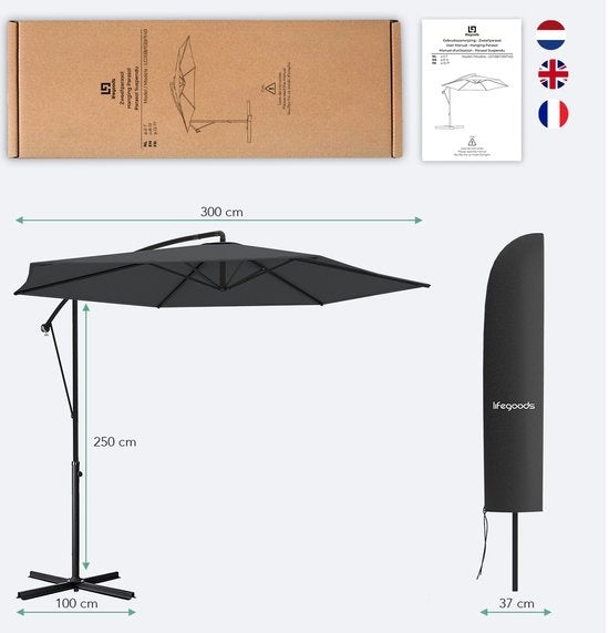 LifeGoods - Schwebender Sonnenschirm - bis zu 8 Personen - ⌀300cm - Wasserdicht - mit Abdeckung und Kreuzfuß - Garten oder Strand - Dunkelgrau