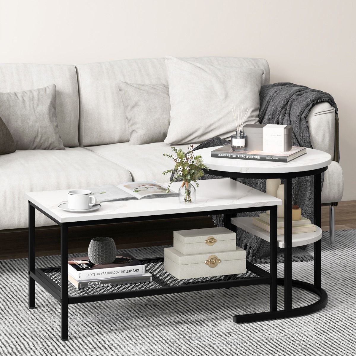 Coast Beistelltisch-Set – Couchtisch und Beistelltisch – Tischplatte in Marmoroptik – schwarz und weiß