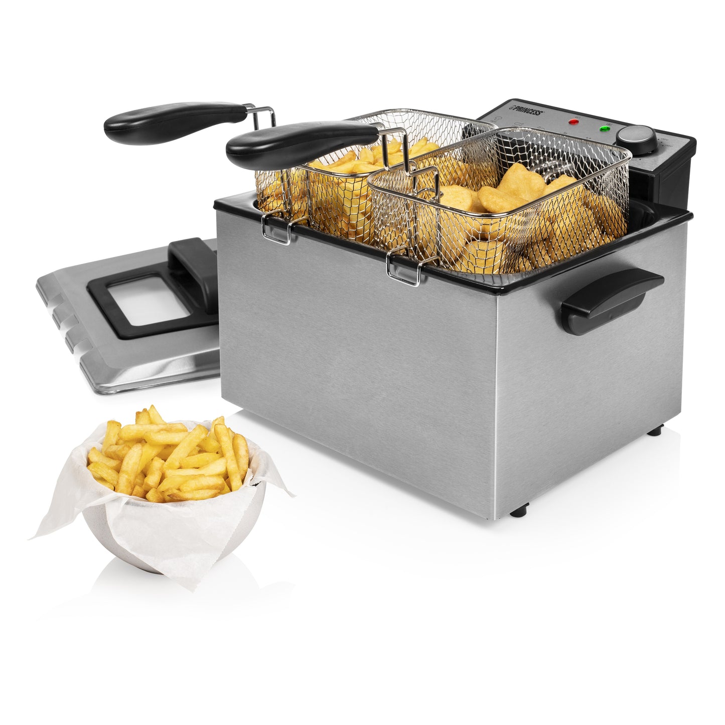 Princess 185000 Fritteuse – 5 l – 3270 W – 3 Frittierkörbe – Edelstahl/Schwarz