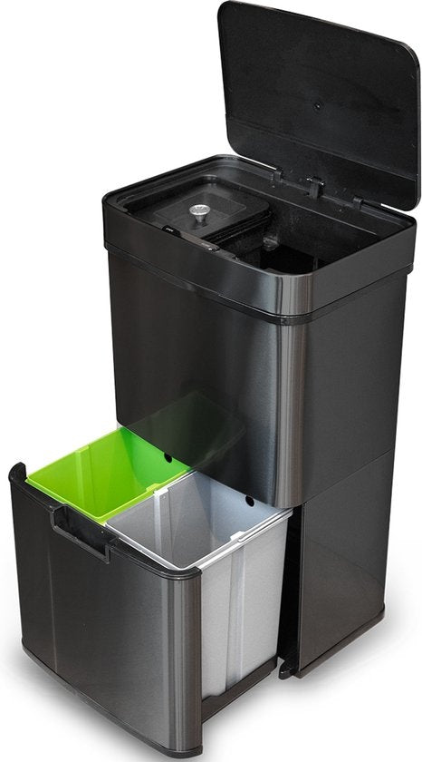 Goliving Automatic Sensor Trashcan 64 Liter - Küchenabfalleimer - Abfallbehälter Abfalltrennung - Freihändiger Sensor - Feuchtigkeitsbeständig - Schließender Rand - Langlebiger Edelstahl - 40L + 2x12L + 8L - Schwarz