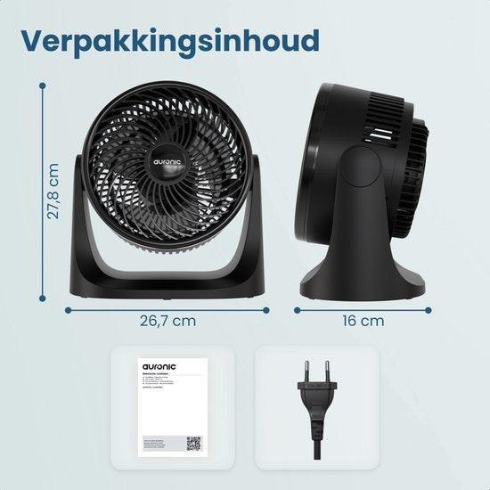 Auronic Tischventilator – 3 Geschwindigkeitsstufen – Mini-Ventilator – Standventilator – Wandmontage möglich – 41 dB – 90°-Oszillation – 7 Meter Luftstrom – Schwarz