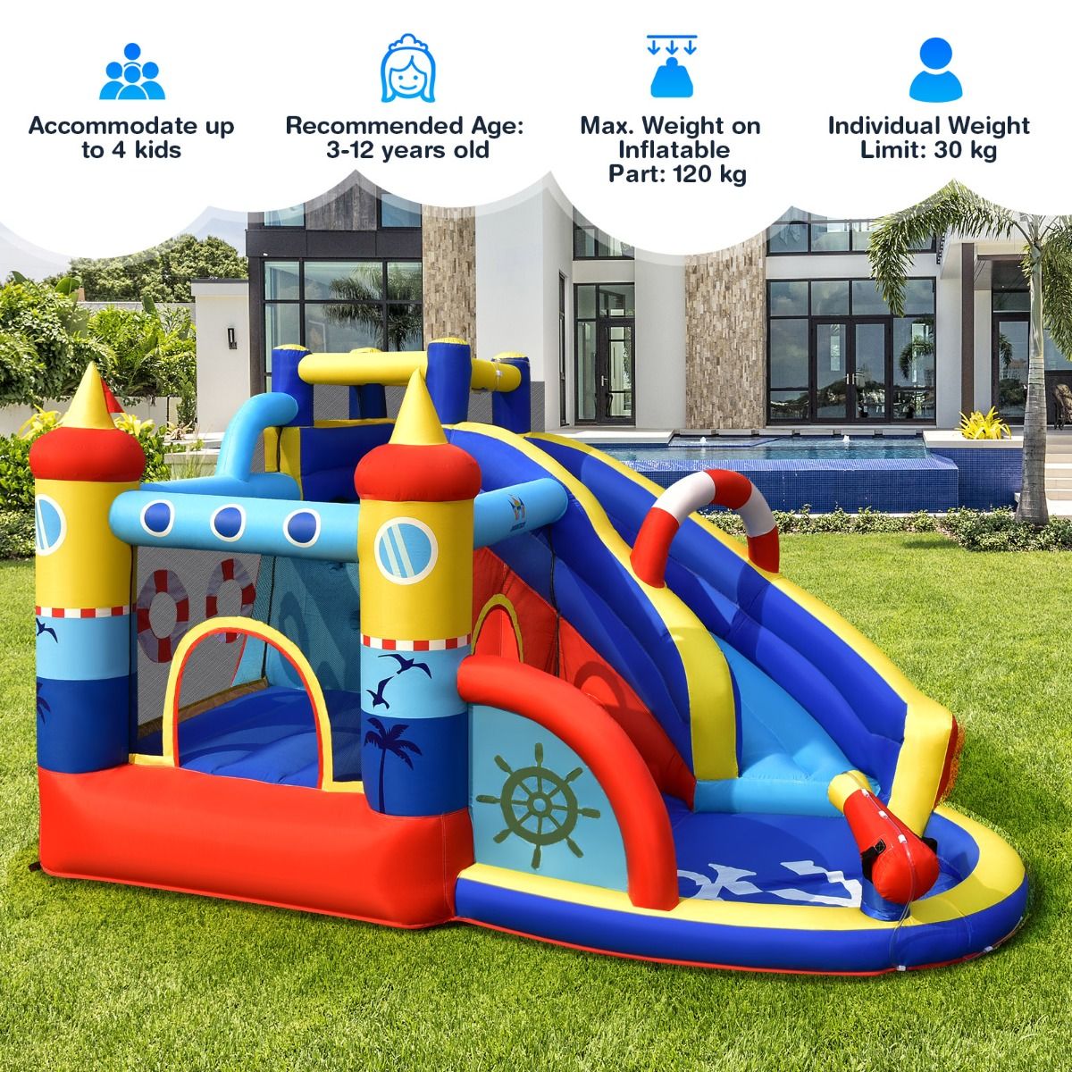 Coast Aufblasbare Spielburg „Piratenschiff“ – 5-in-1-Wasserpark mit Rutsche und Kletterwand – inklusive Wasserpistole und Ventilator – 360 x 290 x 200 cm