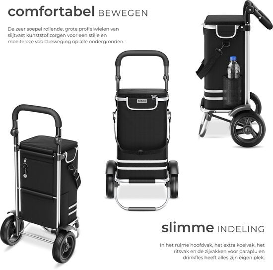tectake® 3-in-1-Einkaufswagen mit Kühlfach – zusammenklappbar – 56 l Fassungsvermögen – Einkaufswagen – Einkaufstrolley - Auch als Sackkarre und Einkaufstasche verwendbar – Mit Schlüsselanhänger und Einkaufswagenmünze – Schwarz
