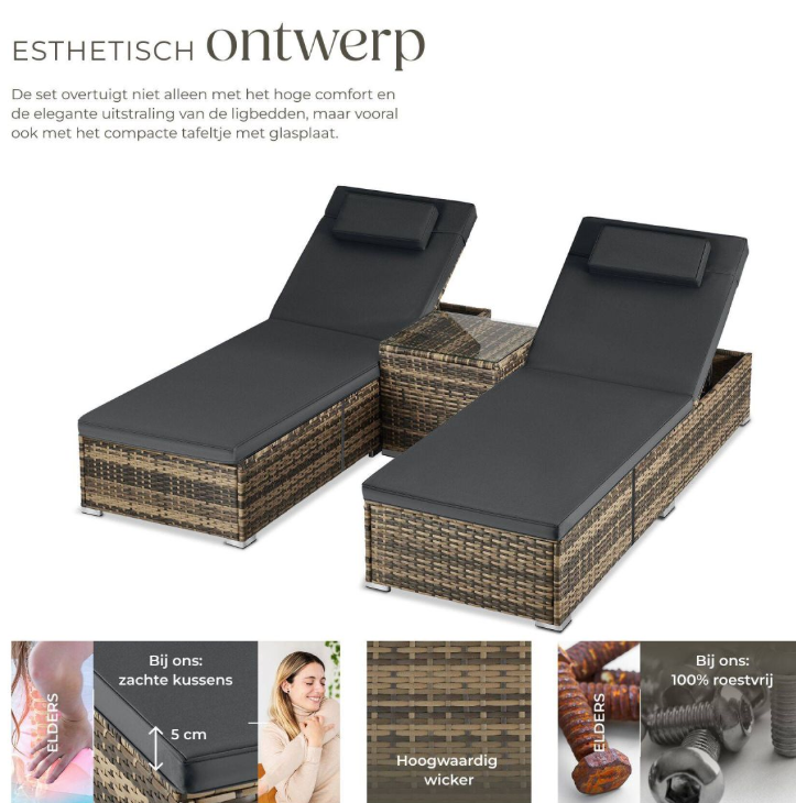 Tectake Carbonera Doppel-Liegestuhl aus Korbgeflecht – Natur – 62 x 196 x 36 cm – 2er-Set, inklusive Beistelltisch