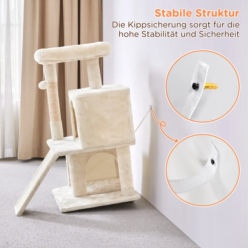 Yaheetech Katzenpfosten Beige - 91 cm hoch - mit 2 Katzenhäusern, Sisalkratzern und Spielball