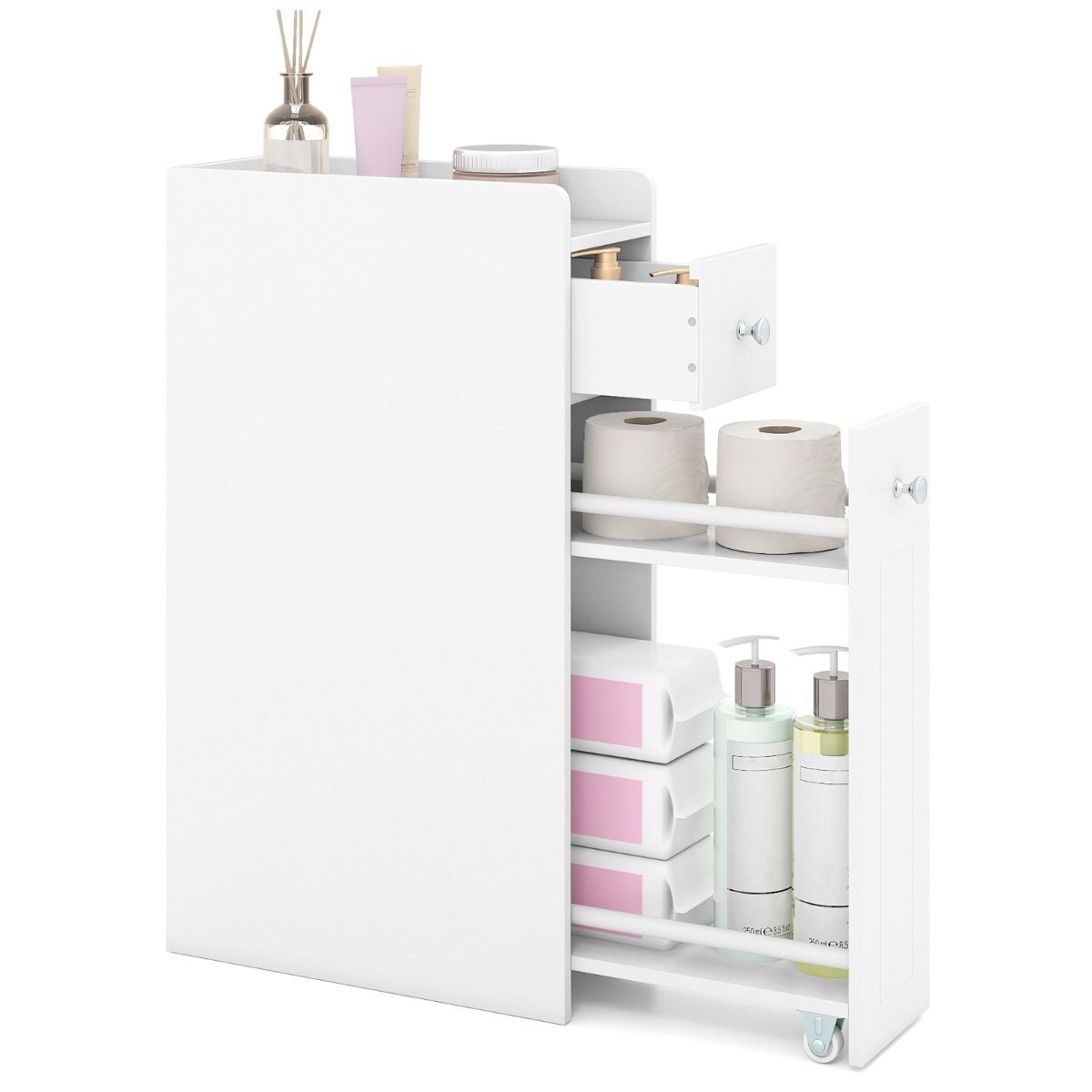 Coast Badezimmerschrank, schmal – 4 Ebenen – Ausziehbare Schubladen auf Rollen – Weiß 40 x 18 x 70 cm