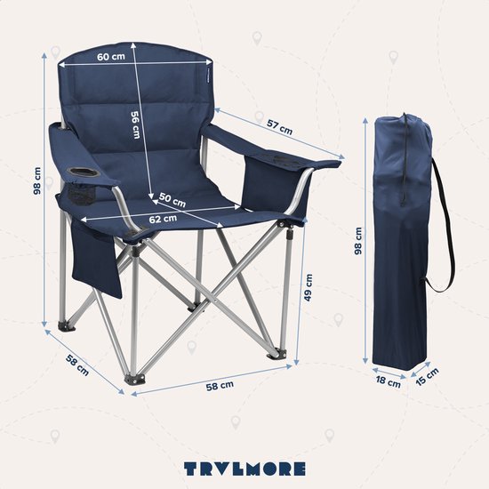 TRVLMORE Campingstuhl - klappbar - XL - Komfortabler Klappstuhl - 150 kg Belastbarkeit - Getränkehalter - Kühlfach - Angelstuhl - Klappstuhl - Blau