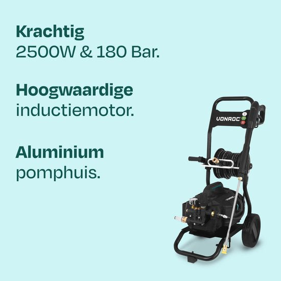 VONROC PRO Hochdruckreiniger V25-3 - 2500W - 180 bar - 468 l/h - Induktionsmotor - 15m Premiumschlauch - Inkl. Terrassenreiniger, Schaumdüse und 5 Düsen