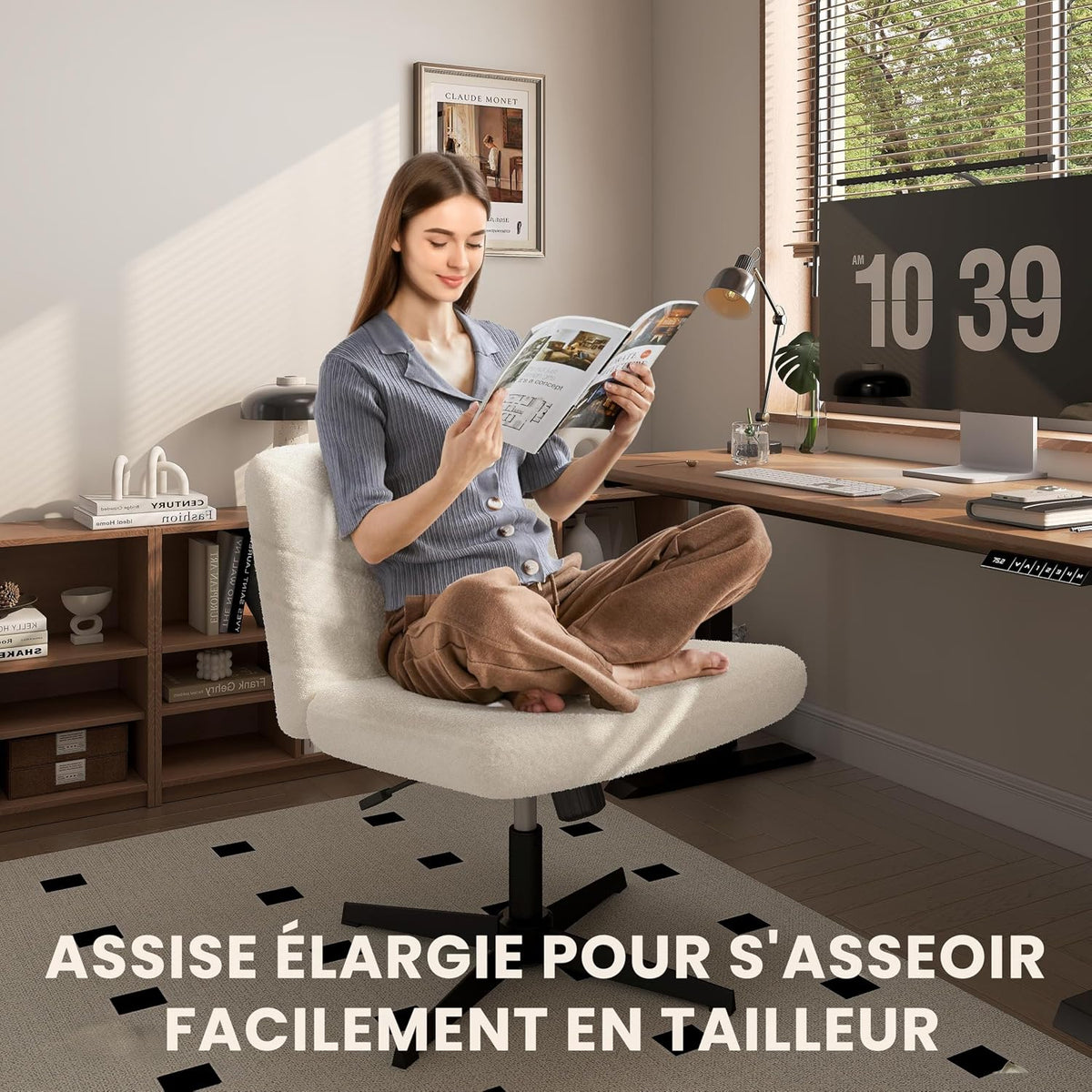 Yaheetech Ergonomischer Bürostuhl – Elfenbein – Bouclé – Verstellbare Sitzhöhe – Um 360° drehbar – Kreuzfuß