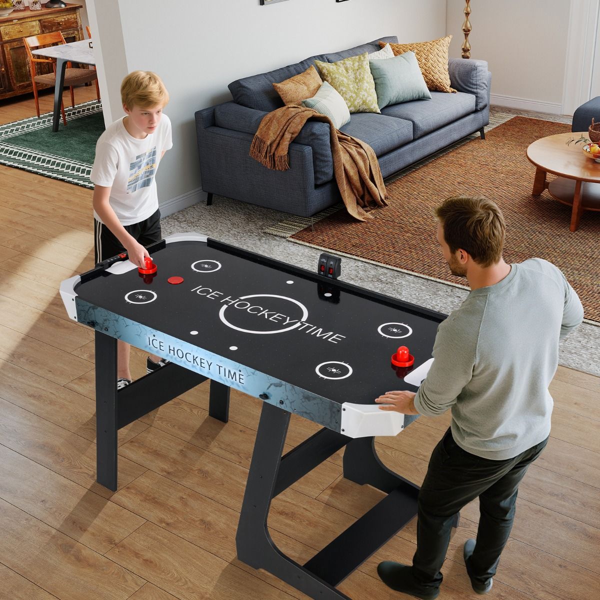 coast Zusammenklappbarer Airhockeytisch - Schwarz - 144x68x79 cm - LED-Anzeige & 12V Motor