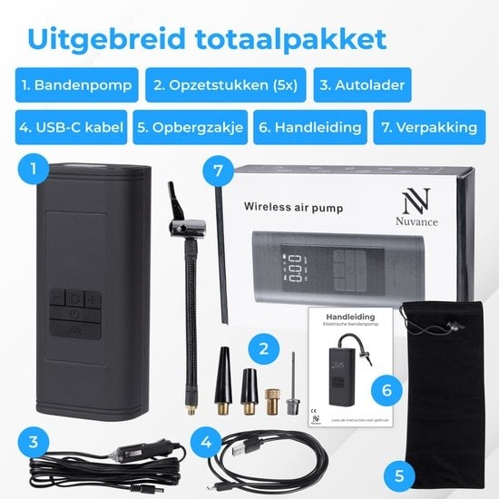 Nuvance - Kompressor-Reifenpumpe - 4000mAH - Elektrische Fahrradpumpe - Luftkompressor für Auto, Roller, Fahrrad, Ball und Luftmatratze - Inklusive Aufsätze - Taschenlampe - PRO