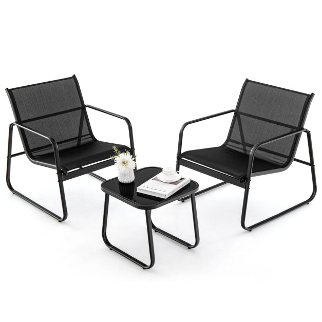 3-tlg. Gartenmöbelset Balkonset mit 2 Stühlen und Tisch - Schwarz, Maße Stuhl 58x60x85 cm, Tisch 60x60x72 cm