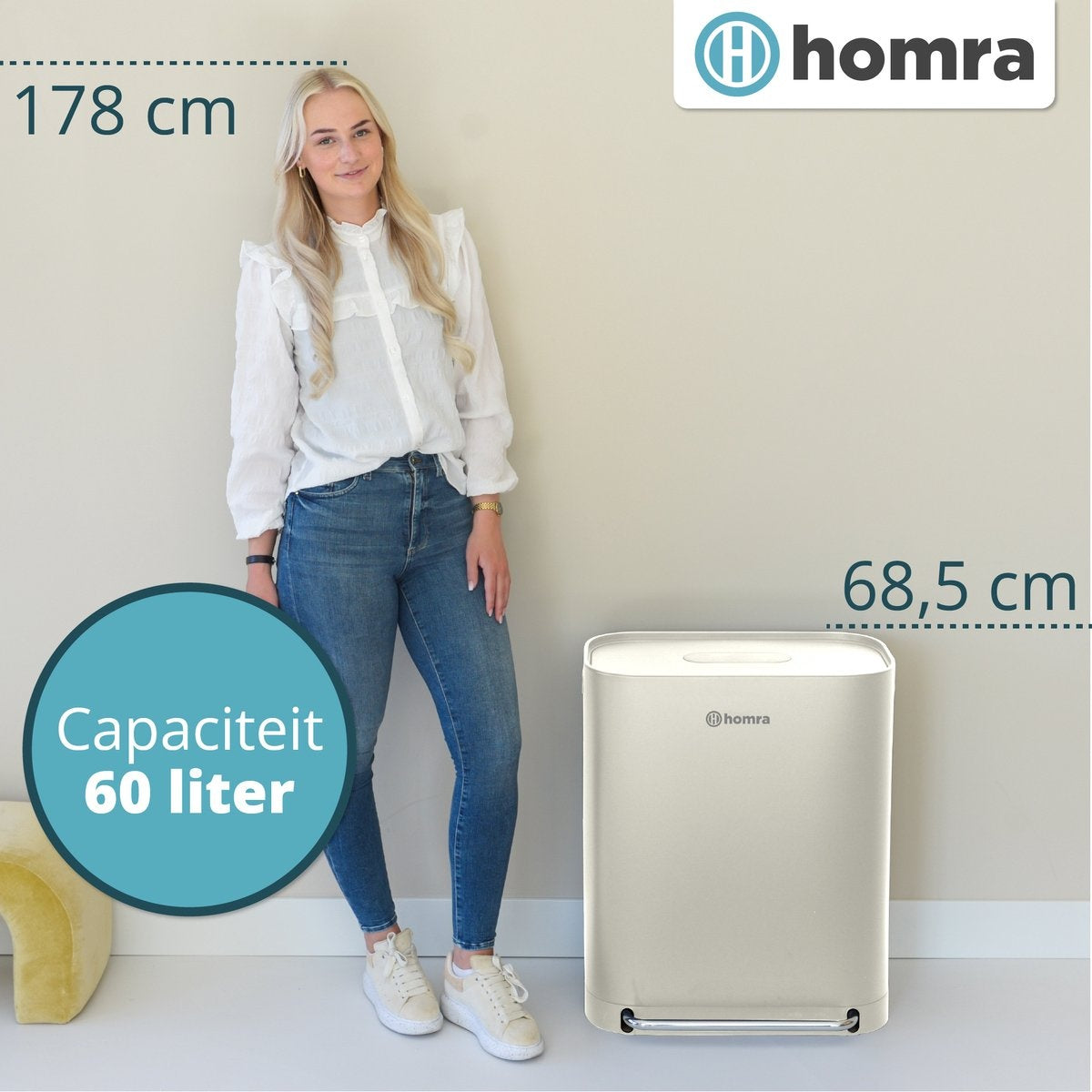Homra Rockx Mülleimer 60 Liter - Duo-Treteimer 2X30L mit Geruchsfilter - Edelstahl Mülltrennung Mülleimer 2 Fächer - Recycling Mülleimer - Mülleimer Küche Mülltrennung - Abfalleimer - Doppelmülleimer Weiß Creme