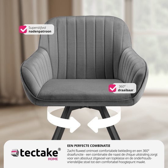 tectake - Esszimmerdrehstuhl mit Armlehnen - Ergonomischer Schalensessel mit Samtpolsterung - Gepolstert - Drehstuhl für Wohnzimmer, Esstisch, Arbeitszimmer, Frisiertisch und Küche - Grau