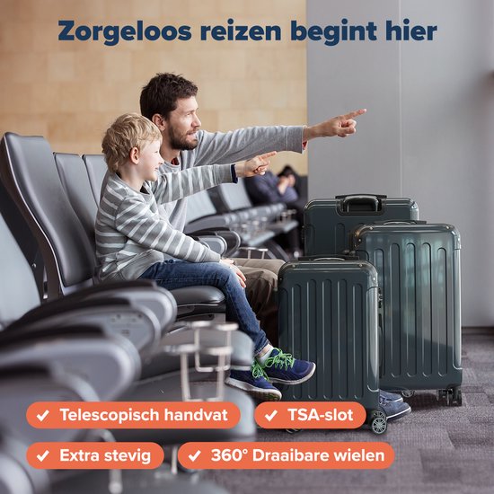 TRVLMORE - Kofferset - 3 Stück - 45L Handgepäck + 75L und 115L geräumiges Gepäck - TSA Schloss - Leichtgewicht - Reisekofferset - Dunkelgrau