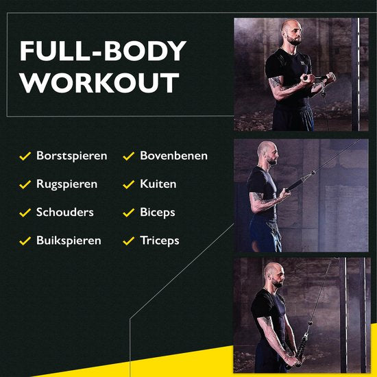 Zoluko Home Fitness Cable System 23-teiliges Set - Inkl. E-Book - Kraftstation für den Heimsport - Inkl. Trizepsseil, Bizepsstange und Griffe - 100kg Tragkraft - Einfache Befestigung - Krafttraining - Lat Pulley - Home Gym - Schwarz/Silber