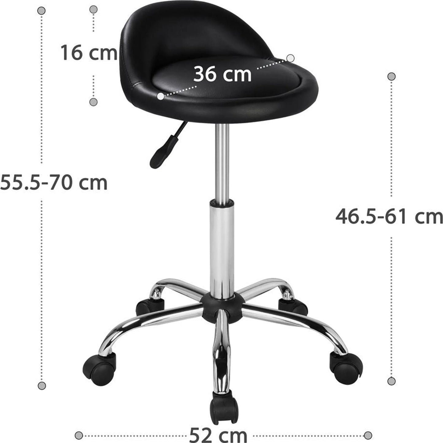 Yaheetech Barhocker auf Rädern mit Rückenlehne - Mit höhenverstellbarem Gaslift und 360° drehbarem Sitz und Chromgestell - Für Kücheninsel und Lounge - Schwarzes PU-Kunstleder und Metall - 52 x 52 x 55,5-70 cm