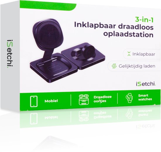 iSetchi 3-in-1 Power Base - kabelloses Ladegerät 15 W - faltbar & leicht - Qi-Ladestation - inkl. Kabel - kompatibel mit Smartphone, Smartwatch & Kopfhörern