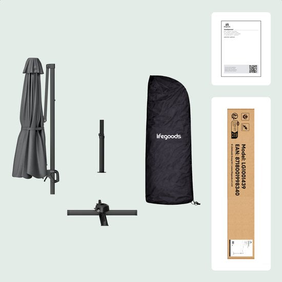 LifeGoods Schwebender Sonnenschirm - 6 Ständer - 360° drehbar - Rund Ø300 cm - Inklusive Schutzhülle - Anthrazit