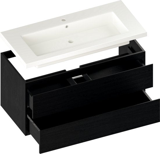Mirlux Badezimmerschrank Schwarze Eiche 80 cm – Waschbecken Weiß – Badezimmerschrank-Set – Waschbeckenunterschrank Schwarze Eiche