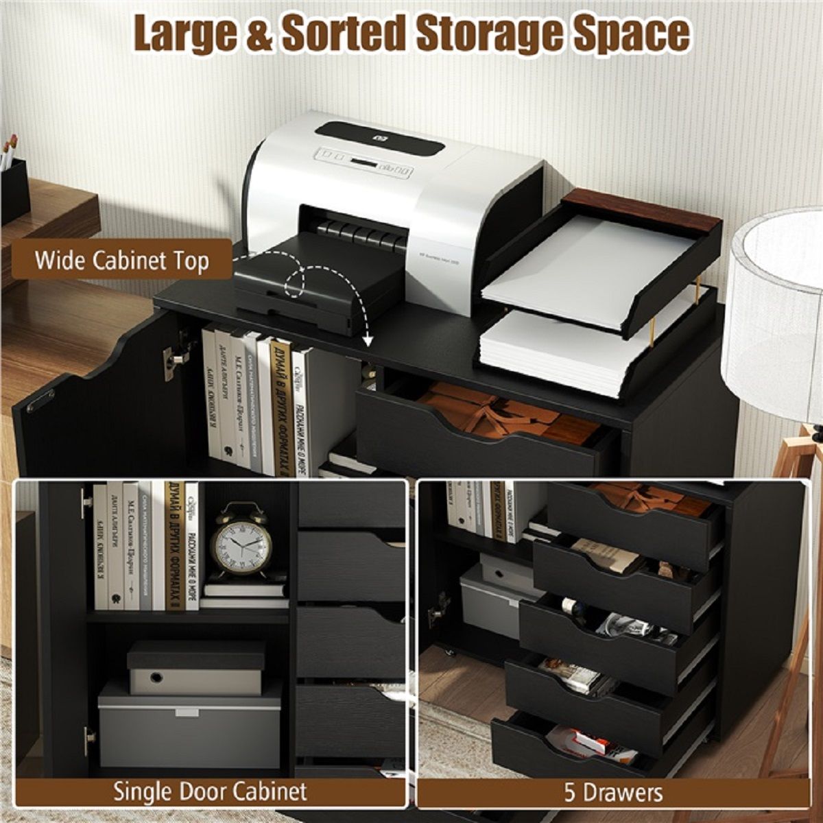 Coast Rollcontainer mit 5 Schubladen – Tür und Arbeitsplatte – mit Rollen – schwarz – 79 x 39 x 65 cm