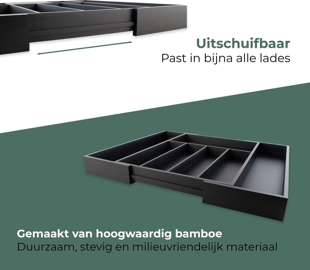 Nimma Besteckkasten - Ausziehbar - 7-Besteckschubladen - 43,5 cm tief - 5cm hoch - Bambusholz - Schwarz