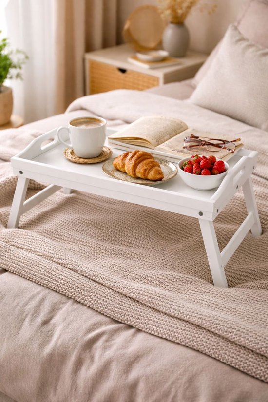 Ceruzo Frühstück-im-Bett-Tablett – Zusammenklappbarer Betttisch aus Bambus, 50 x 30 cm – Weiß