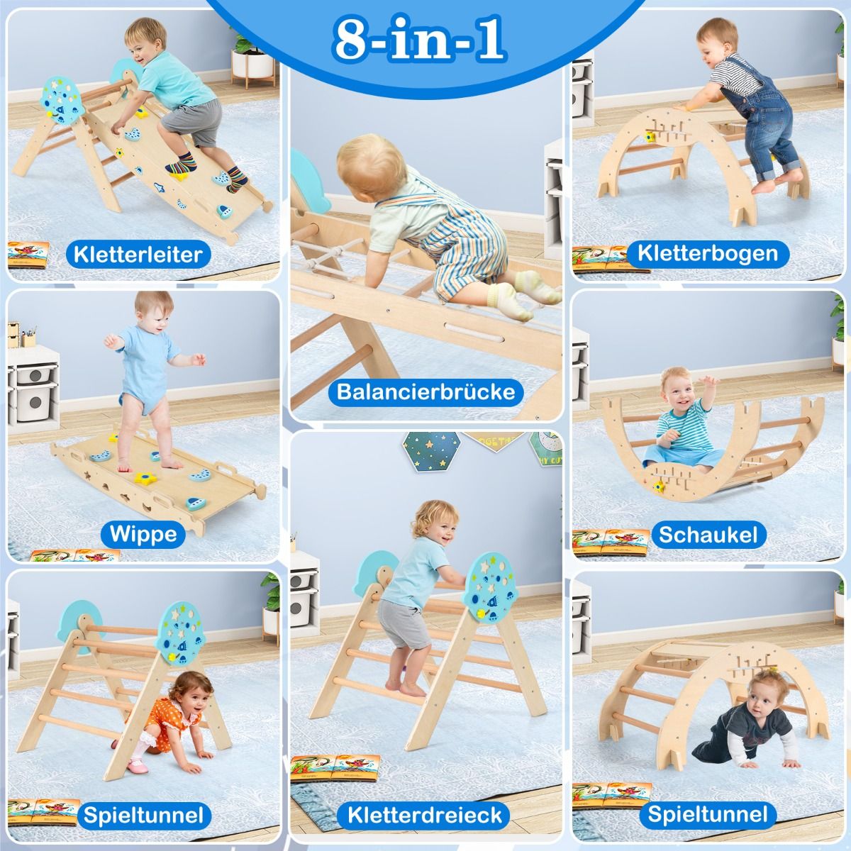 Coast Montessori Klettergerüst – 9-in-1-Spielgerät – zusammenklappbar – Naturfarben