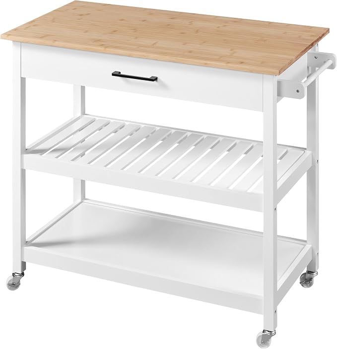 Yaheetech Küchenwagen 101,5 x 51 x 92,5 cm – 2 Ebenen – Schublade – 4 Räder – Weiß/Natur