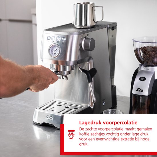 Solis Barista Perfetta Plus 1170 V2 Kolbenmaschine – Köstlicher Kaffee in nur einer Minute – Kompakte und hochwertige Espressomaschine – Milchaufschäumsystem – Silber