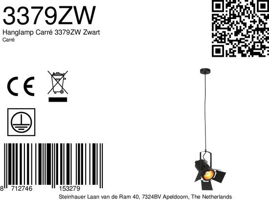 Hängeleuchte Carré 3379ZW – schwarze Leuchte im Industrial-Stil, Stahl, höhenverstellbar von 30 bis 150 cm, Mexlite