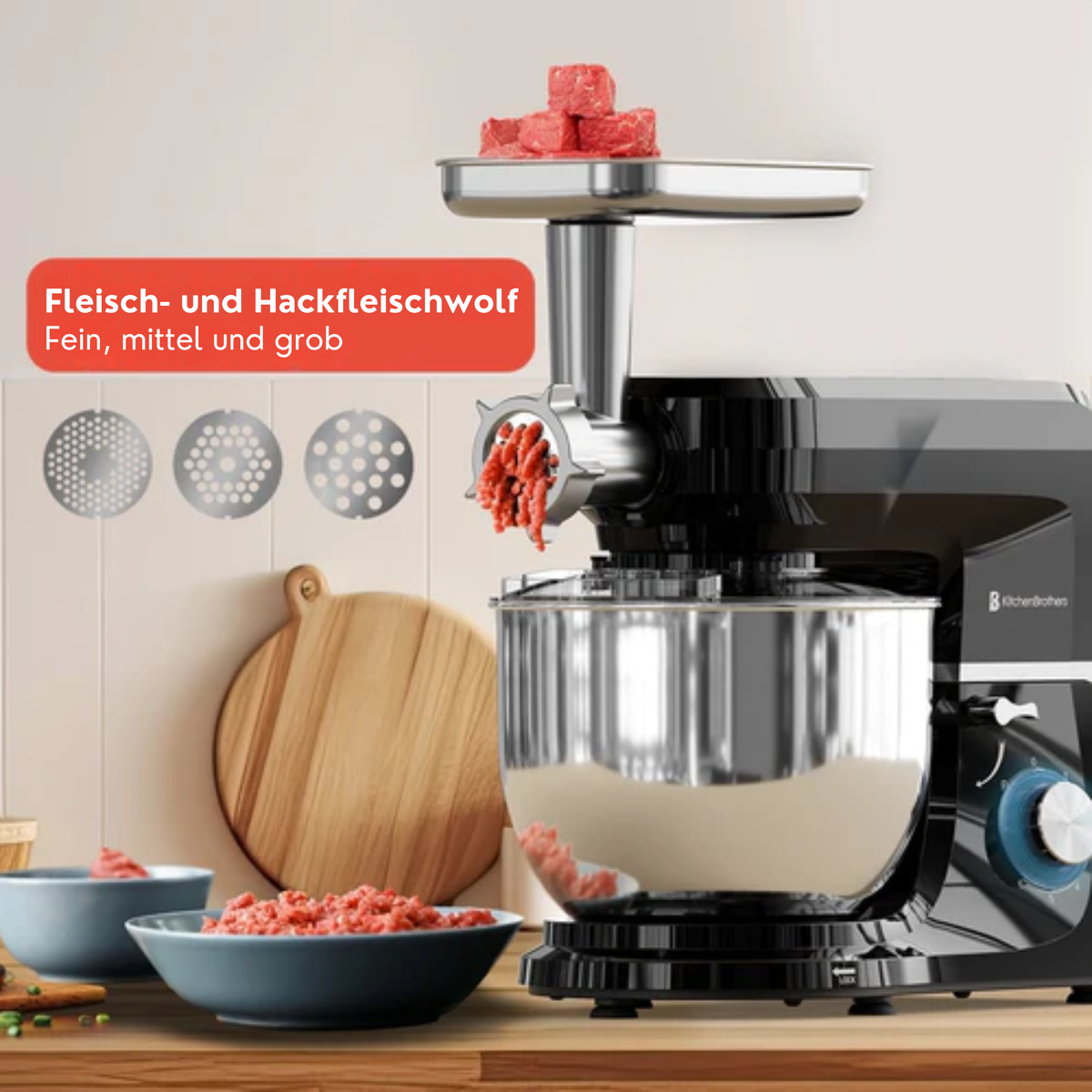 KitchenBrothers Küchenmaschine - Komplettset - 15 Zubehörteile - Küchenroboter - 6L - 1500W - Schwarz