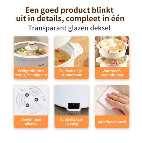 Plodon Elektrischer Hotpot 2,4 l – Antihaftbeschichtung – 27 x 22 cm – Mit Dampfkorb