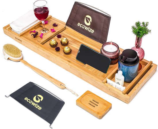 Ecowize - Luxuriöses Bambus-Badetablet - mit Buchhalterung - ausziehbar - 75cm bis 110cm - Bambus