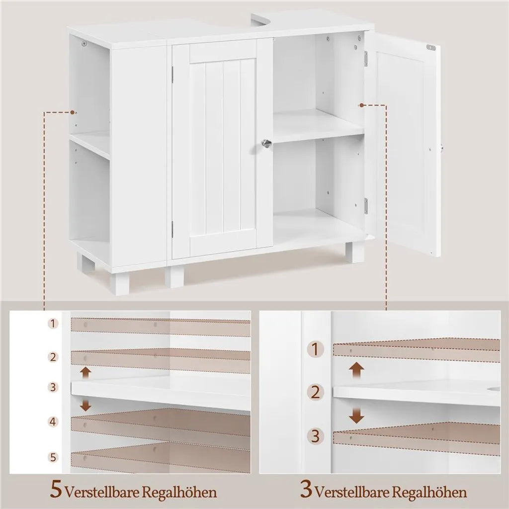 Yaheetech Waschbeckenunterschrank 75 x 30 x 62 cm – Weiß – Mit 4 Fächern, offenen Regalböden und Handtuchhalter