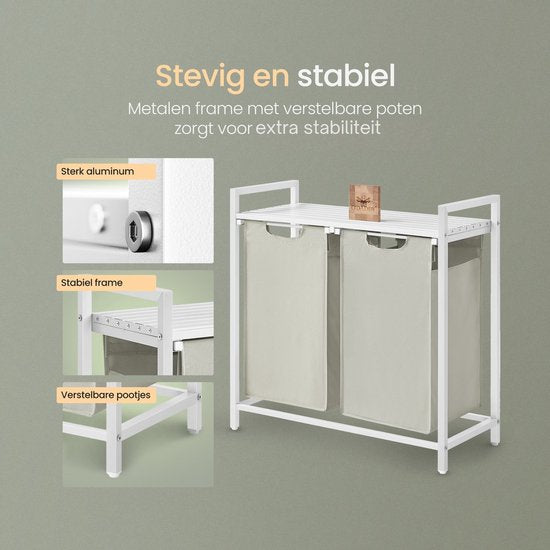 O'DADDY® Wäschekorb 2 Boxen - Ausziehbarer Wäschesortierer mit Regal - 76 Liter - 73 x 33 x 72 cm - Verstellbare Beine - Einfache Montage - Multifunktional und stilvoll - Metall - Weiß